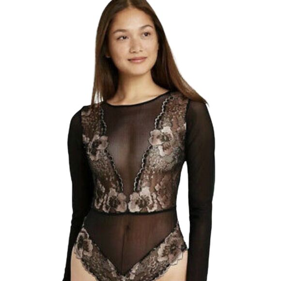 Black Lace Rose Gold Long Sleeve Teddy Bodysuit Size XS - Picture 1 of 4